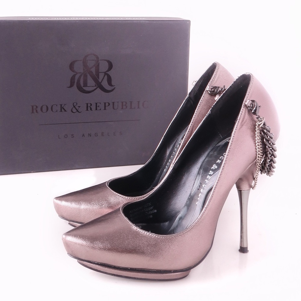 Pewter stiletto platforms with chains